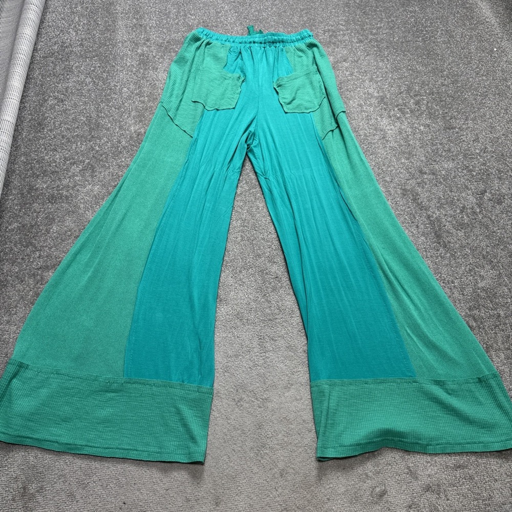 POL medium Boho Pants Green Colorblock Knit Wide Leg Flowy Hippie Soft - Picture 9 of 9